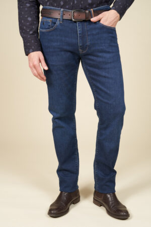 Stretch knit jeans leather detailing