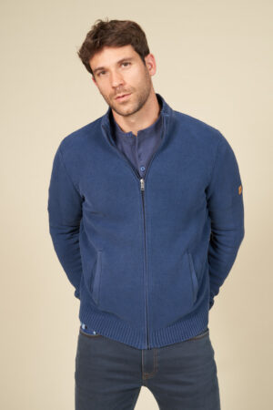 Zip-up cardigan with woven panels