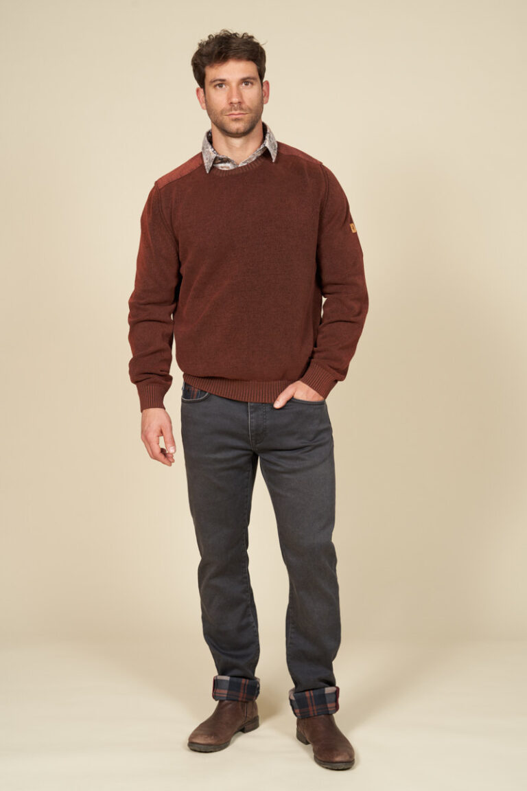 Pull col rond empiècements tissés