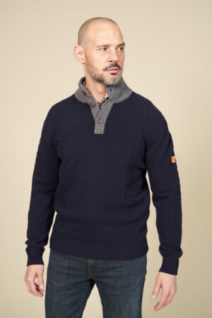 Buttoned stand-collar cable-knit sweater