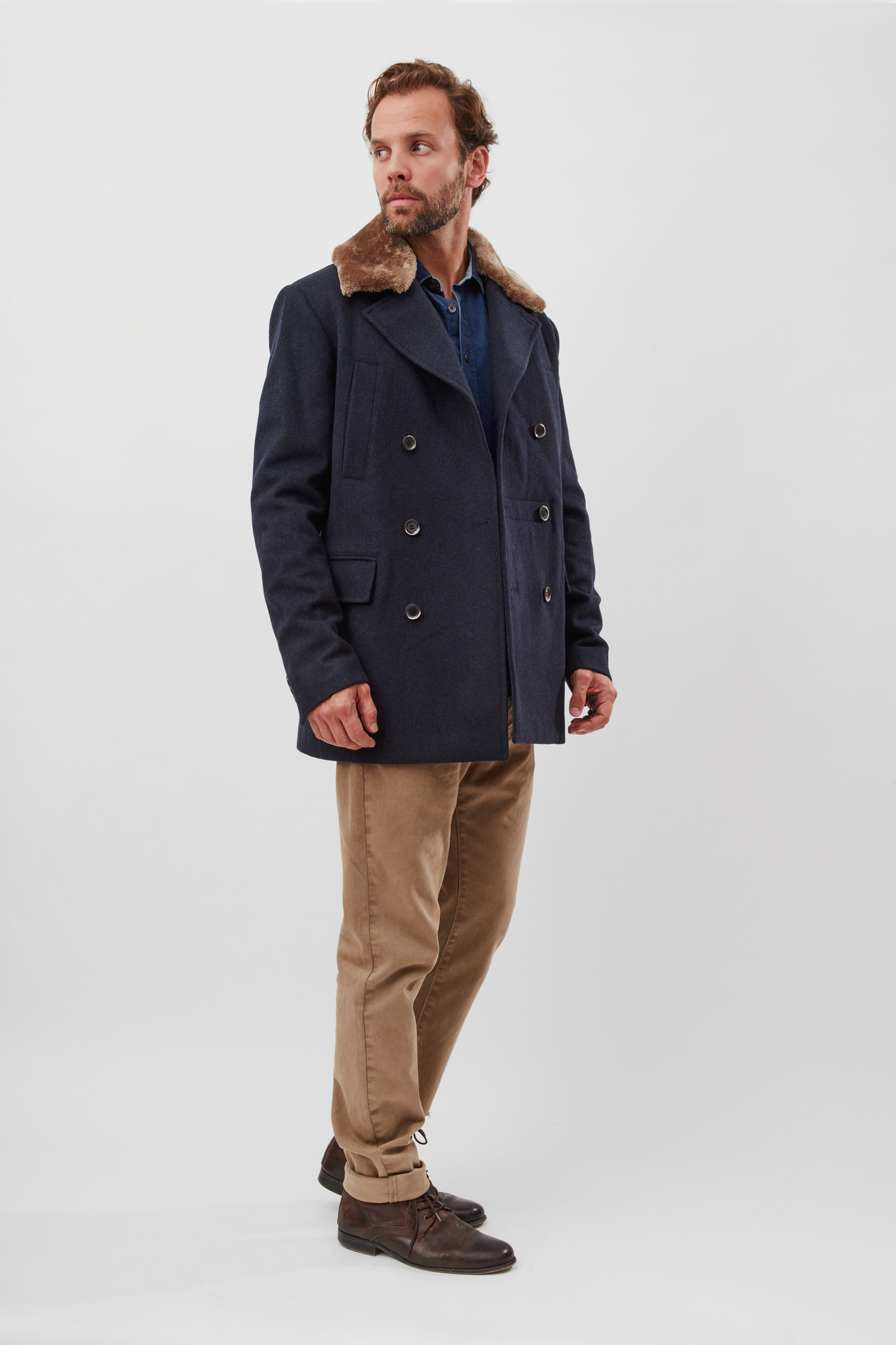 Classic pea coat with eco-fur collar - MCS Men