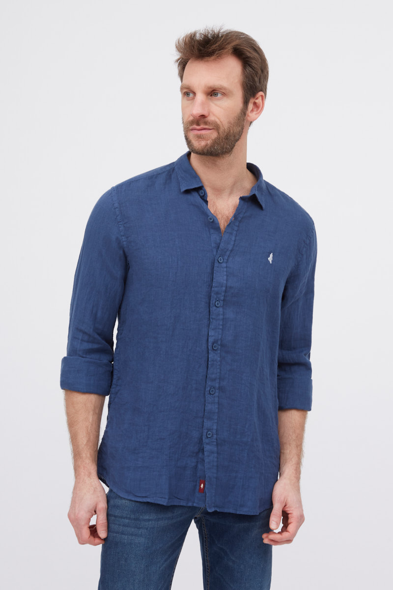 Chemise coton et lin Bleu Océan et liseré Blanc Edibert