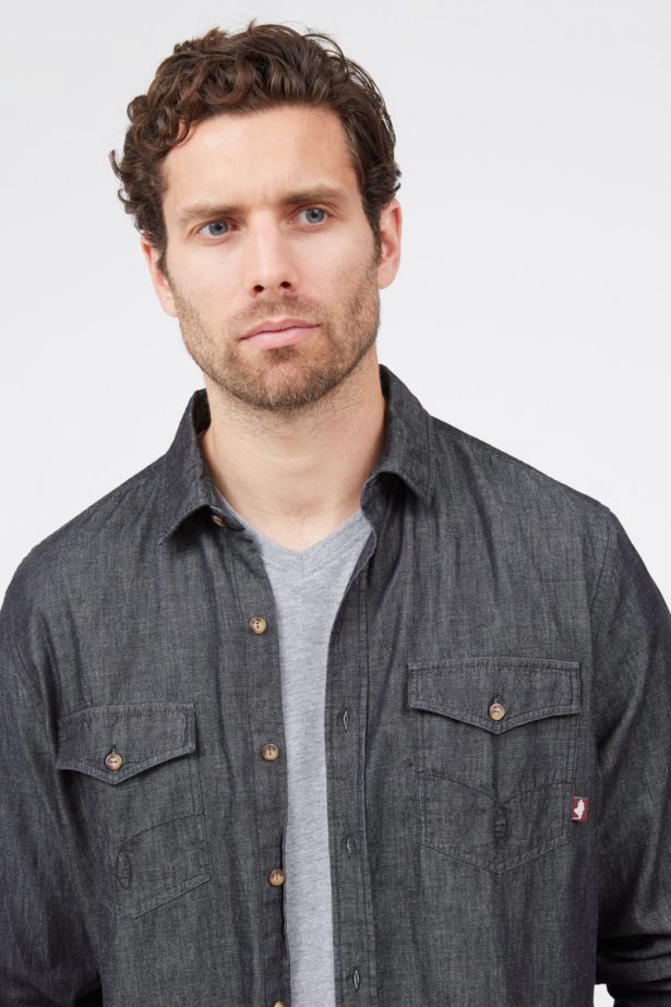 Chemise Western Denim Homme Insearsh Taille L - Délavé Foncé, Accents Rouges Et Patchs Coude