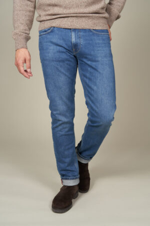 Jean stretch regular tapered avec cuir