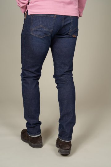 Jean regular tapered stretch et cuir