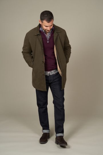 Waxed coat with sherpa interior