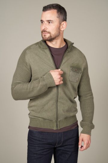 Washed zipped sweatshirt knitted sleeves